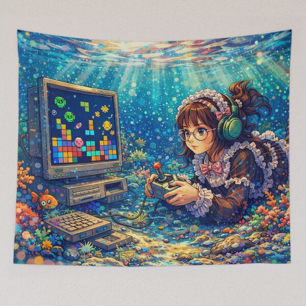 Item preview, Anime Girl Playing Retro Platform Game Underwater designed and sold by M-Y-A-R-T-.