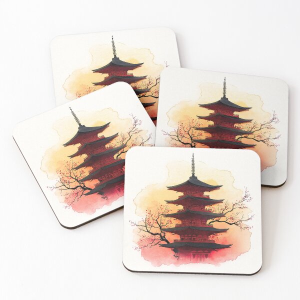 Item preview, Japanese Pagoda Sunset Watercolor Print, Cherry Blossom Wall Art designed and sold by JPrintsInc.