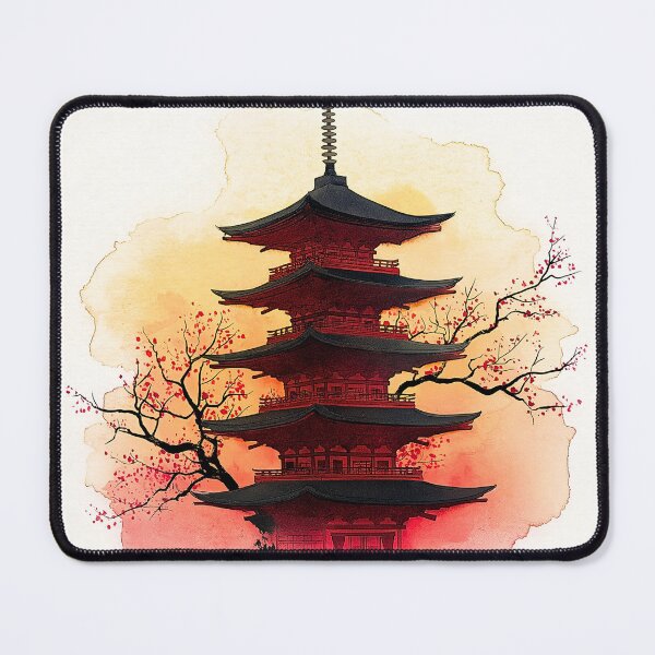 Item preview, Japanese Pagoda Sunset Watercolor Print, Cherry Blossom Wall Art designed and sold by JPrintsInc.