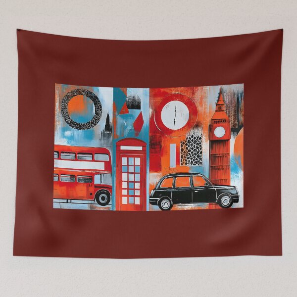 Item preview, London Icons in Modern Motion - Big Ben Red Bus and Telephone Booth in Vibrant Urban Color designed and sold by OlfactoART Studio.