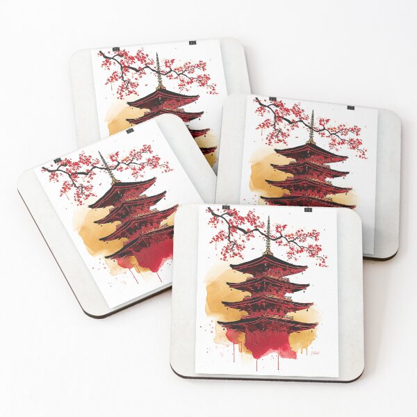 Item preview, Japanese Pagoda Cherry Blossom Watercolor Print, Drip Art Wall Decor designed and sold by JPrintsInc.