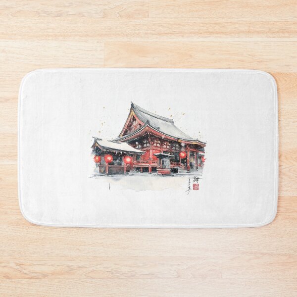 Artikelvorschau, Winterliches Aquarellmotiv des Senso-ji-Tempels, Wandbild mit Schneelaternen aus Tokio entworfen und verkauft von JPrintsInc.