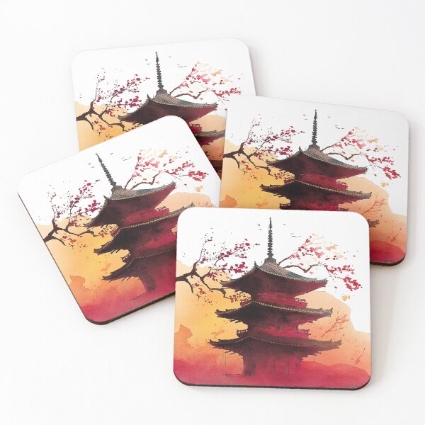 Item preview, Japanese Pagoda Sunset Watercolor Print, Cinematic Cherry Blossom Wall Art designed and sold by JPrintsInc.
