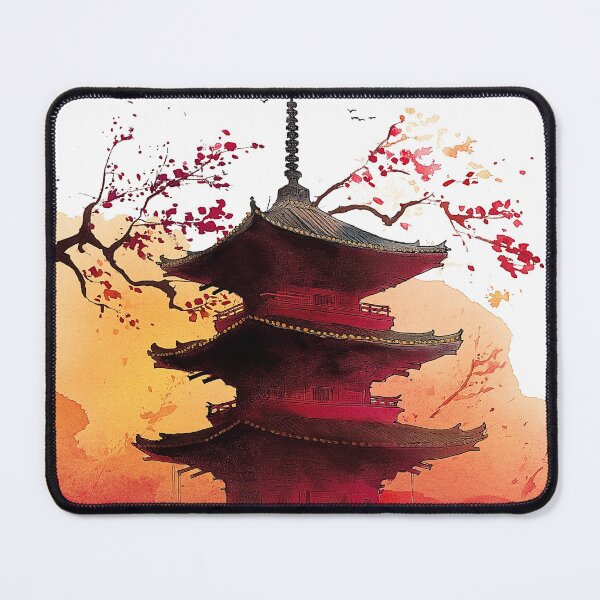 Item preview, Japanese Pagoda Sunset Watercolor Print, Cinematic Cherry Blossom Wall Art designed and sold by JPrintsInc.