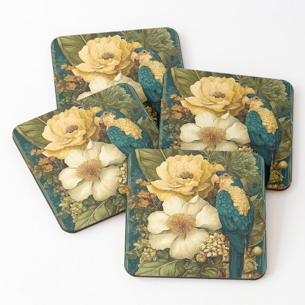 Item preview, Parrot Botanical Print | Teal Gold Floral Nature Illustration designed and sold by JPrintsInc.