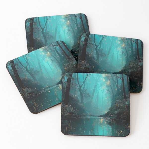 Item preview, Firefly River Print | Teal Night Forest Magical Nature Art designed and sold by JPrintsInc.