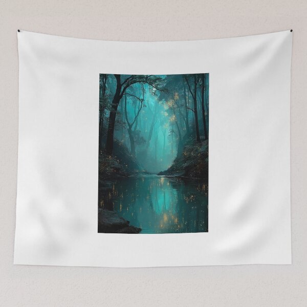 Item preview, Firefly River Print | Teal Night Forest Magical Nature Art designed and sold by JPrintsInc.
