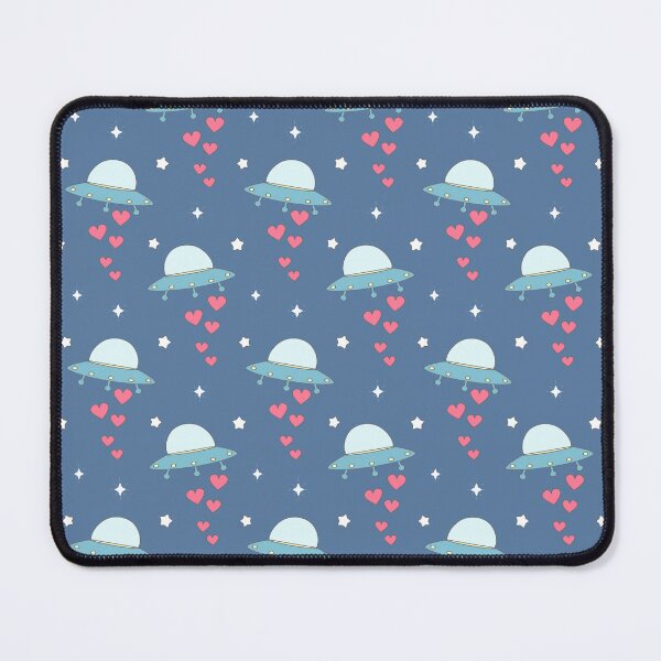 Item preview, cute hand drawn cartoon colorful ufo pattern with hearts on blue background designed and sold by Drawn by Alice.