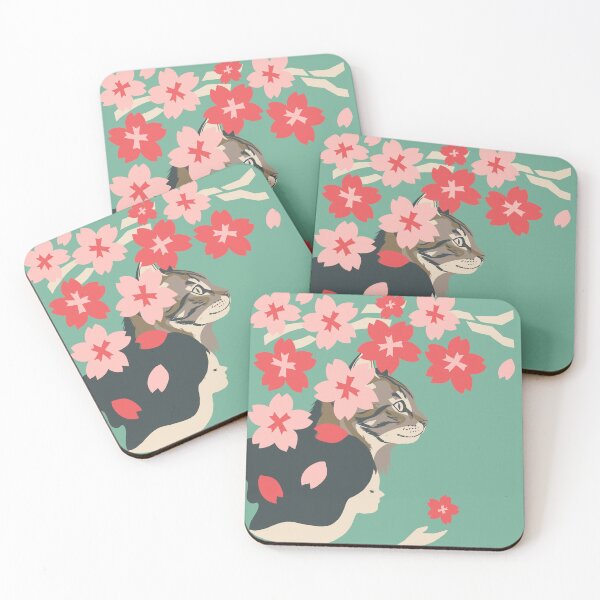 Item preview, Japanese Woodblock Style Girl and Cat with Cherry Blossoms designed and sold by LafinaArt.