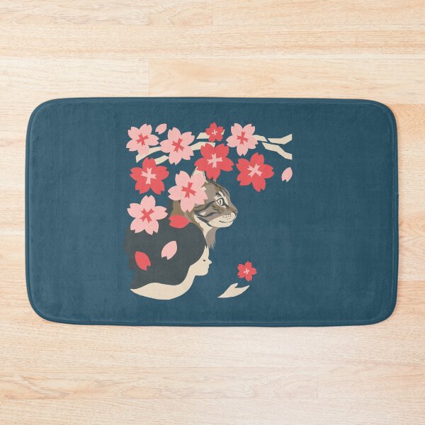Item preview, Japanese Woodblock Style Girl and Cat with Cherry Blossoms designed and sold by LafinaArt.