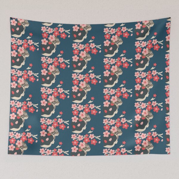 Item preview, Japanese Woodblock Style Girl and Cat with Cherry Blossoms designed and sold by LafinaArt.