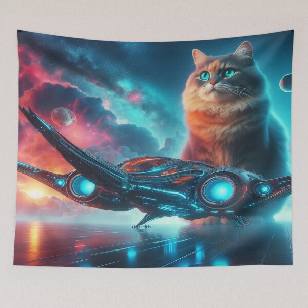 Item preview, Giant Cosmic Cat with Starship in Futuristic SciFi Space Scene and Nebula Glow designed and sold by FotoworldEdel.