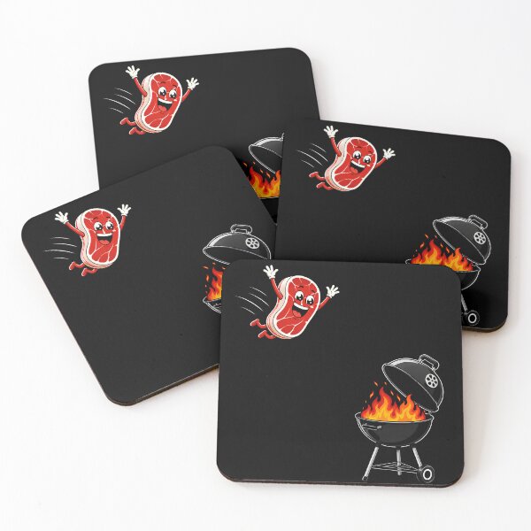 Item preview, Funny BBQ Steak Jumping Into Grill Cartoon Barbecue Humor designed and sold by THREE LITTLE BEANS.