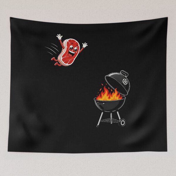 Item preview, Funny BBQ Steak Jumping Into Grill Cartoon Barbecue Humor designed and sold by THREE LITTLE BEANS.