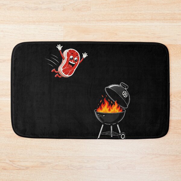 Item preview, Funny BBQ Steak Jumping Into Grill Cartoon Barbecue Humor designed and sold by THREE LITTLE BEANS.