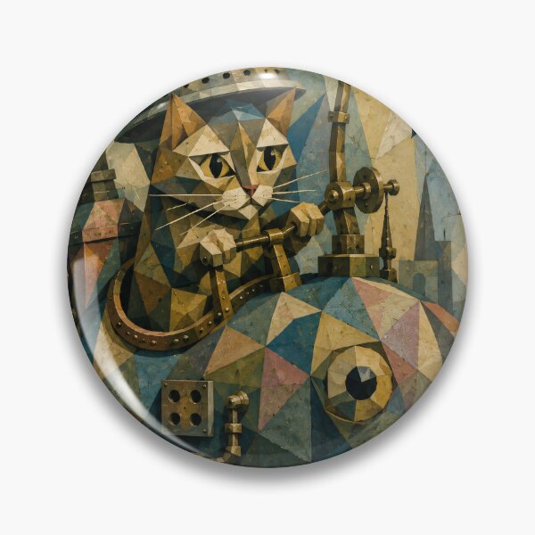 Item preview, Cubist Steampunk Cat Riding Mechanical Fish designed and sold by ThingsCatsDo.