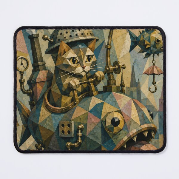Item preview, Cubist Steampunk Cat Riding Mechanical Fish designed and sold by ThingsCatsDo.