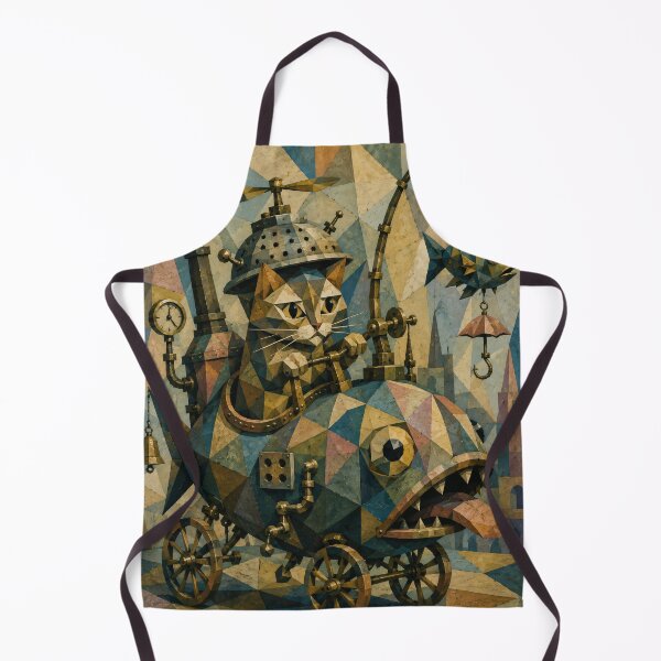 Item preview, Cubist Steampunk Cat Riding Mechanical Fish designed and sold by ThingsCatsDo.