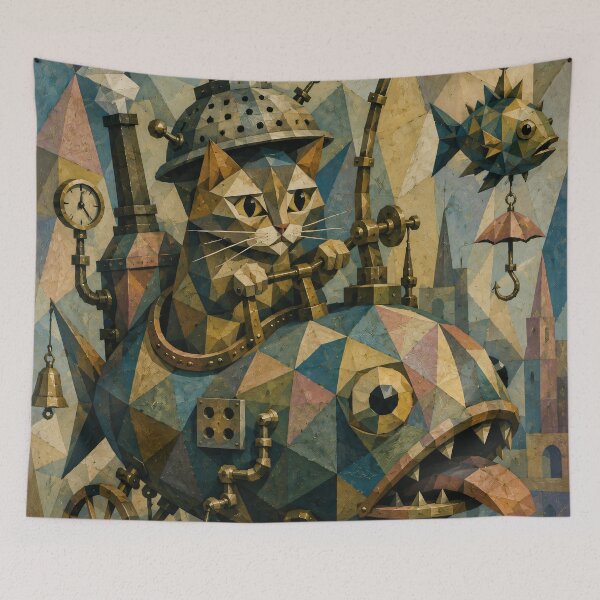 Item preview, Cubist Steampunk Cat Riding Mechanical Fish designed and sold by ThingsCatsDo.