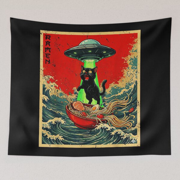 Item preview, Ramen Black Cat UFO Japanese Noodle Funny Extraterrestrial designed and sold by AmaXONIC.