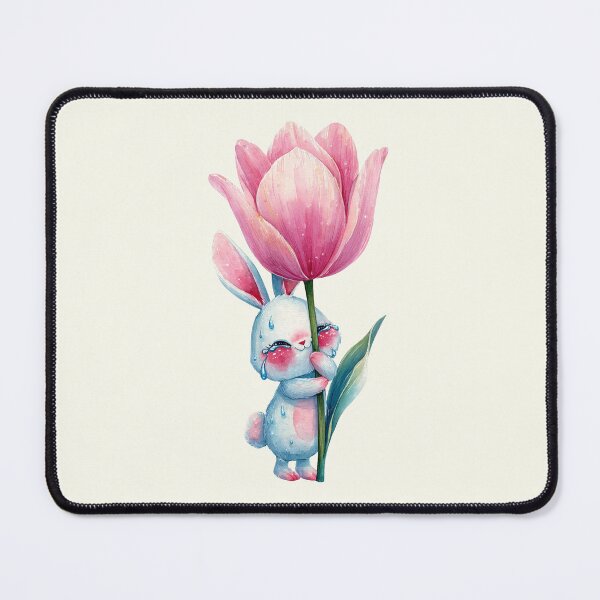 Item preview, TITLE: Cute Crying Bunny Hugging Pink Tulip Watercolor Art designed and sold by PixelQ.