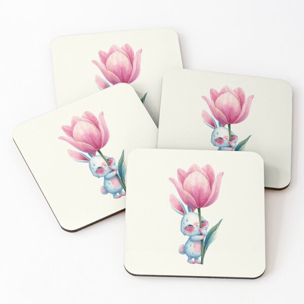 Item preview, TITLE: Cute Crying Bunny Hugging Pink Tulip Watercolor Art designed and sold by PixelQ.