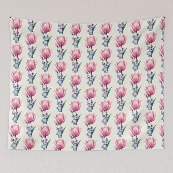 Item preview, TITLE: Cute Crying Bunny Hugging Pink Tulip Watercolor Art designed and sold by PixelQ.