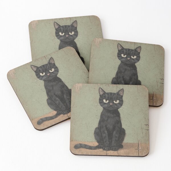 Item preview, Very Serious Black Cat Folk Art Painting designed and sold by PictorialWhimsy.