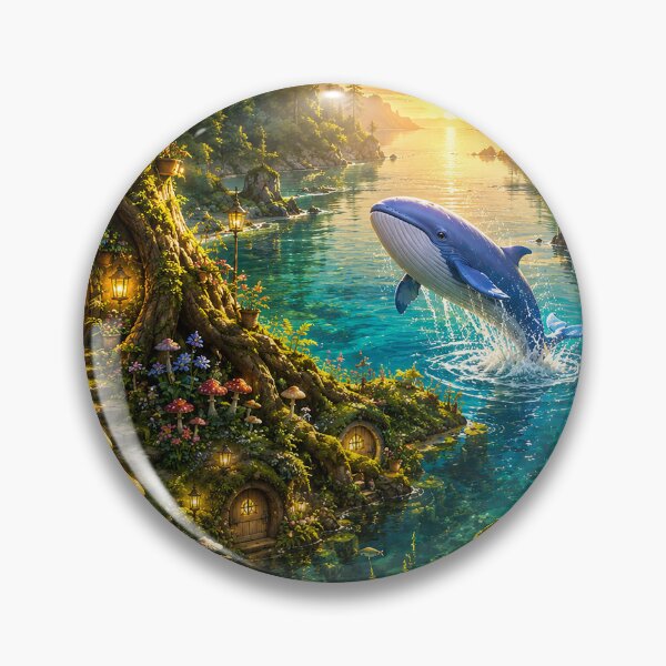 Item preview, Enchanted Forest Bay – The Joyful Blue Whale and Frog Village at Sunrise designed and sold by GrabaHuk.