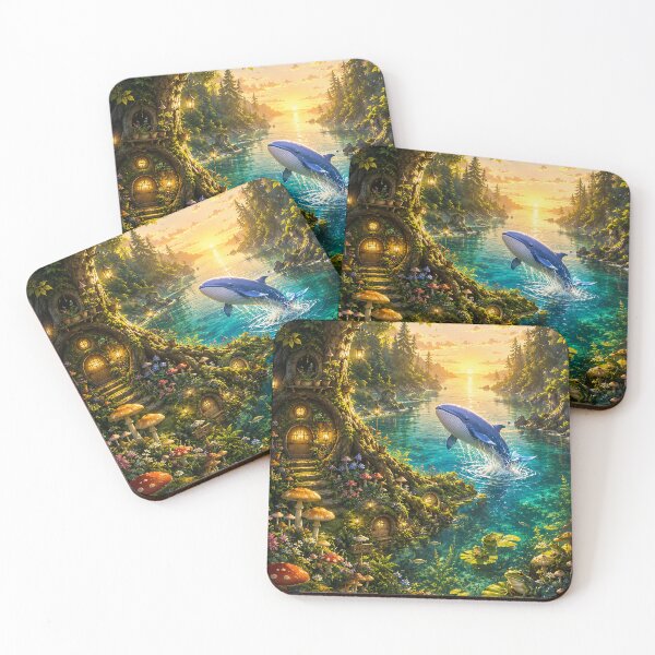Item preview, Enchanted Forest Bay – The Joyful Blue Whale and Frog Village at Sunrise designed and sold by GrabaHuk.