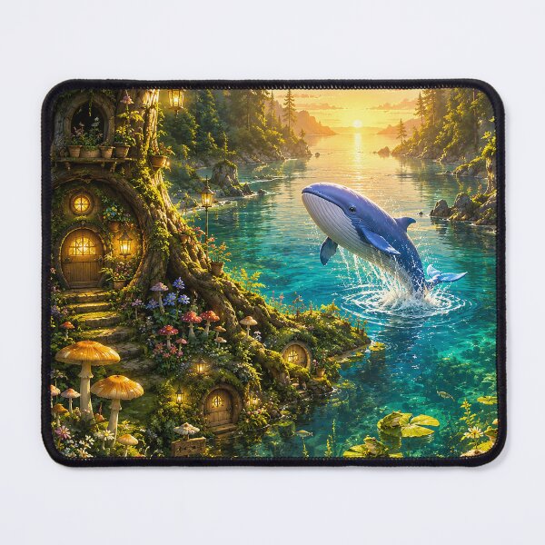 Item preview, Enchanted Forest Bay – The Joyful Blue Whale and Frog Village at Sunrise designed and sold by GrabaHuk.