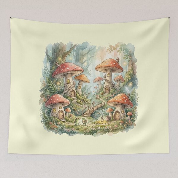 Item preview, Whimsical Froggy Woodland Village Watercolor designed and sold by GrabaHuk.