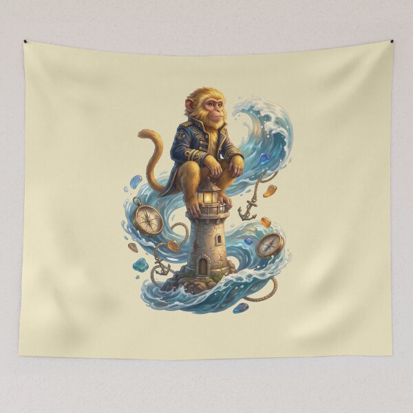 Item preview, Noble Admiral Monkey Lighthouse Ocean Compass Nautical Art designed and sold by MythicCotton.