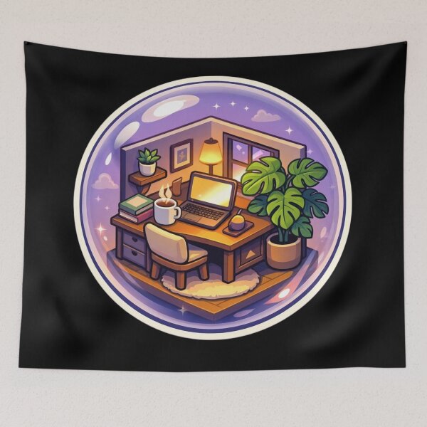 Item preview, Cozy Miniature Bubble Room with Laptop and Coffee Sticker designed and sold by Timeless Junction.