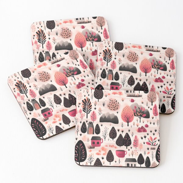 Item preview, Cozy Hygge Forest with Cute Houses and Coffee Mugs Seamless Pattern designed and sold by LYAN-STORE.