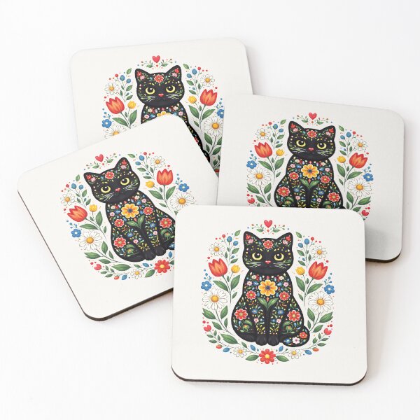 Item preview, Vibrant Floral Black Cat Folk Art Illustration designed and sold by PixelQ.