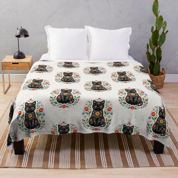 Item preview, Vibrant Floral Black Cat Folk Art Illustration designed and sold by PixelQ.