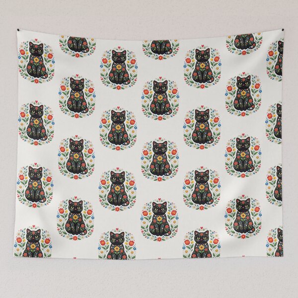Item preview, Vibrant Floral Black Cat Folk Art Illustration designed and sold by PixelQ.