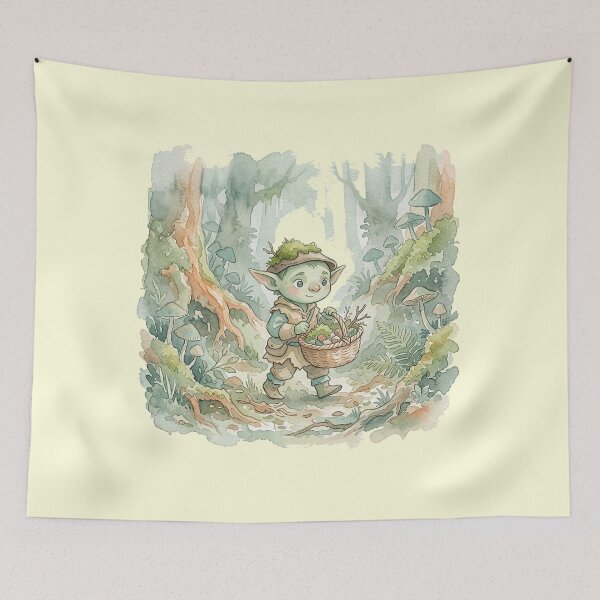 Item preview, Little Goblin Moss Collector Watercolor Art – Cozy Goblincore Forest designed and sold by GrabaHuk.