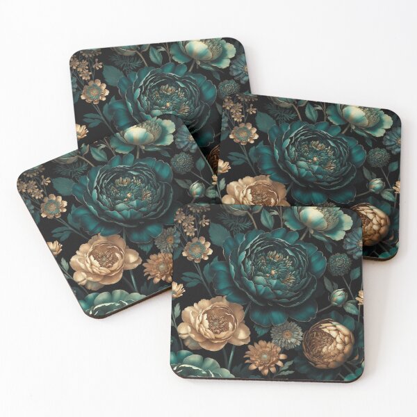 Item preview, Emerald Noir Floral Pattern | Luxury Teal & Gold Botanical Flowers | Elegant Dark Floral Design designed and sold by GalleryPeak.