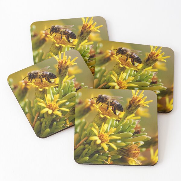 Item preview, Honey Bee Pollinating Yellow Wildflowers Close-Up Macro Photo Showing Nature And Spring Activity designed and sold by Nmallia.
