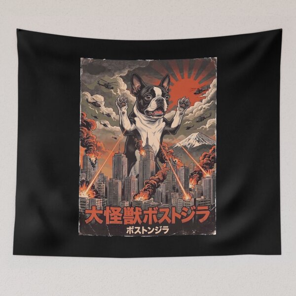 Item preview, Boston Terrier Dogzilla Japanese Fuji Art Dog Owner designed and sold by DoodleTortle.