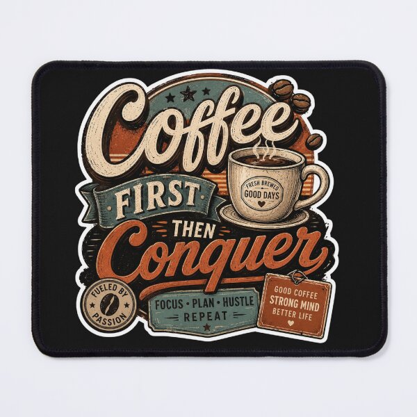 Item preview, Coffee First Then Conquer Retro Coffee Sticker designed and sold by Omanut Studio — By Ashwin..