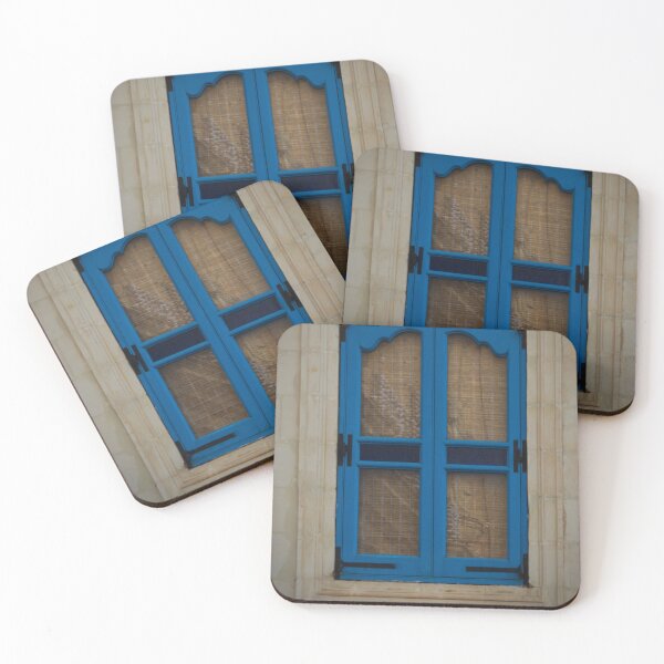 Item preview, Blue Wooden Window Shutters With Woven Blinds Set in Stone Wall Mediterranean Architecture Detail designed and sold by Nmallia.