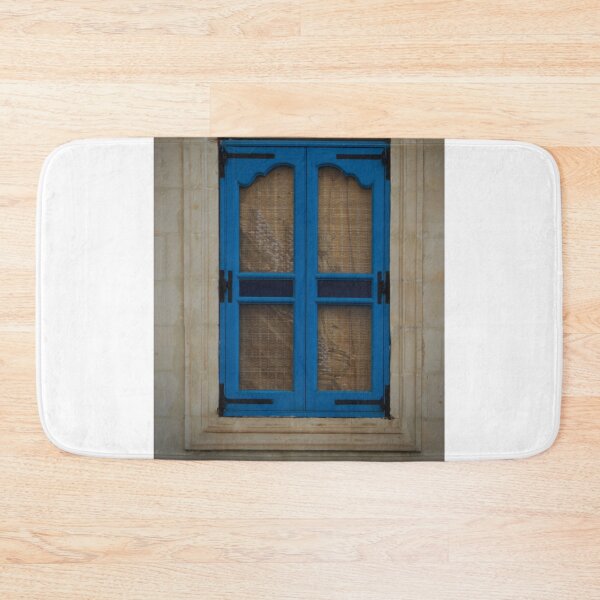 Item preview, Blue Wooden Window Shutters With Woven Blinds Set in Stone Wall Mediterranean Architecture Detail designed and sold by Nmallia.