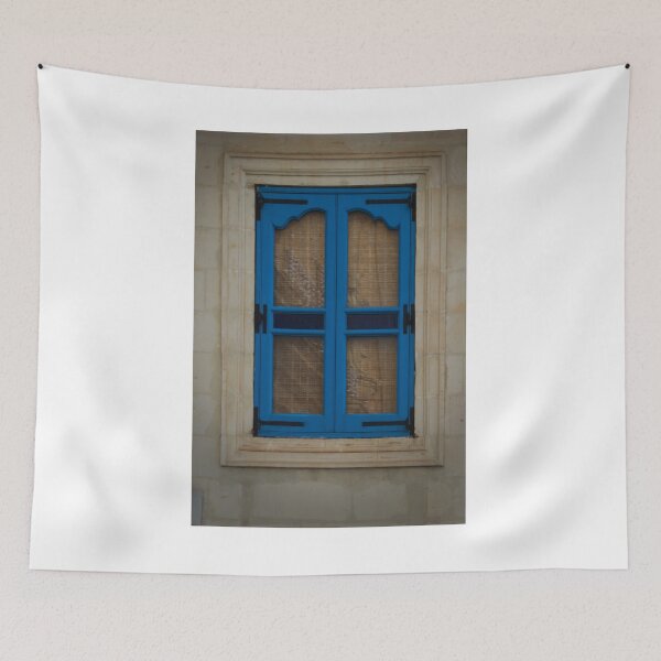 Item preview, Blue Wooden Window Shutters With Woven Blinds Set in Stone Wall Mediterranean Architecture Detail designed and sold by Nmallia.