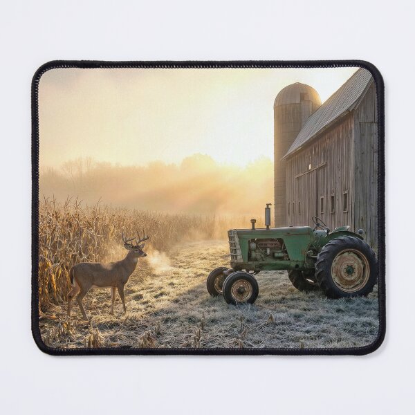 Item preview, Deer in Morning Mist with Green Farm Tractor designed and sold by Maria Dryfhout.