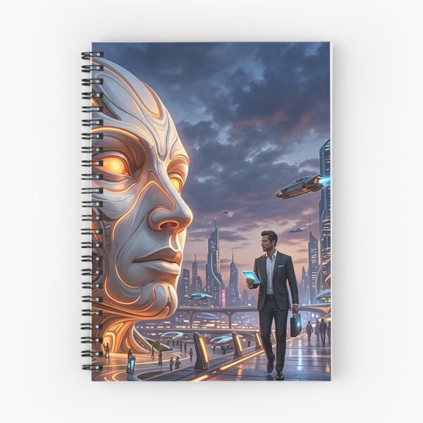 Item preview, A head made of light and metal in the middle of a futuristic city. designed and sold by Sigtrix.