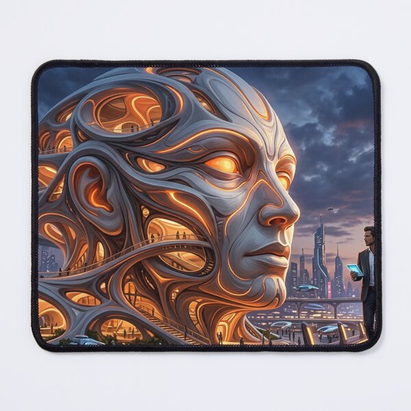 Item preview, A head made of light and metal in the middle of a futuristic city. designed and sold by Sigtrix.