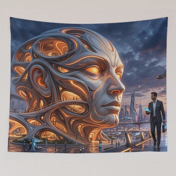 Item preview, A head made of light and metal in the middle of a futuristic city. designed and sold by Sigtrix.